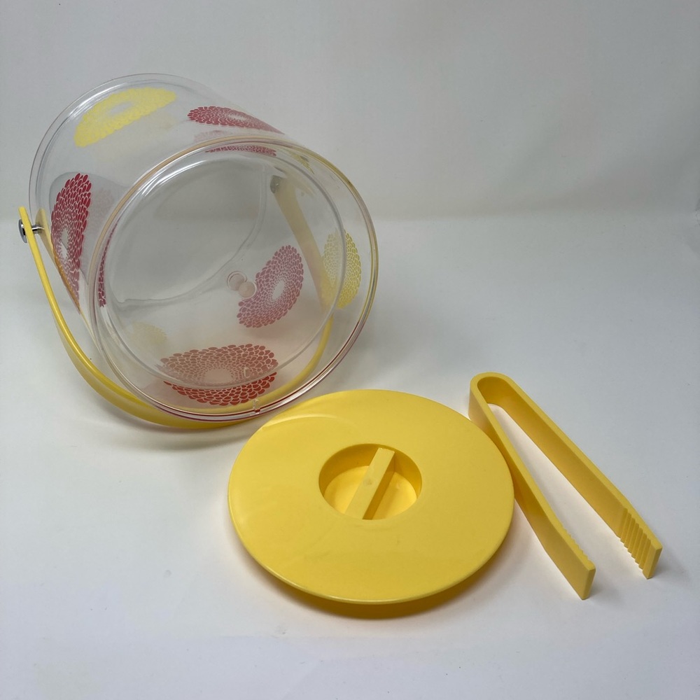 Vintage 90s Yellow Orange Flower Ice bucket with Tongs, Serving Set - Picture 6 of 7